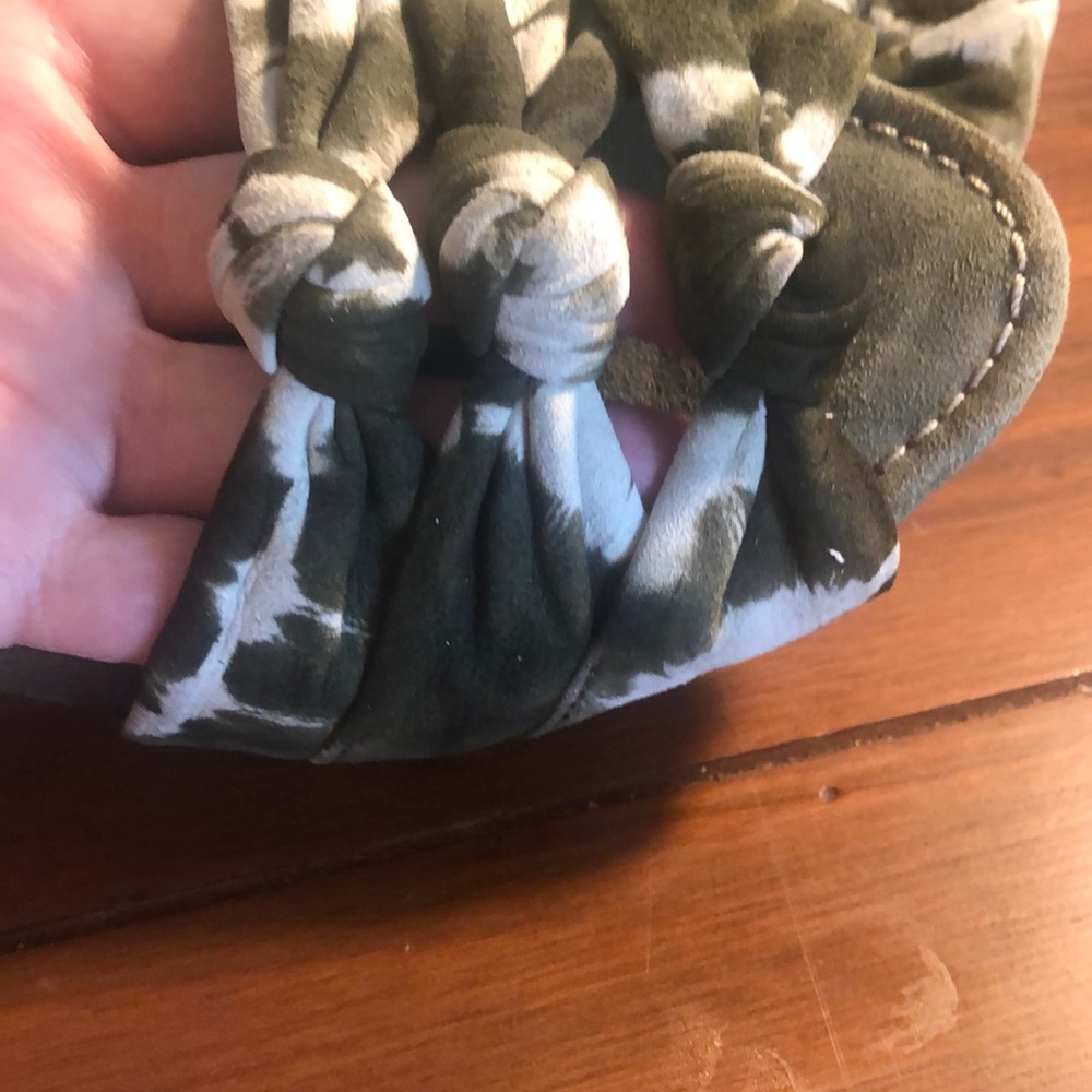 Tie-dyed army green and white sling sandals